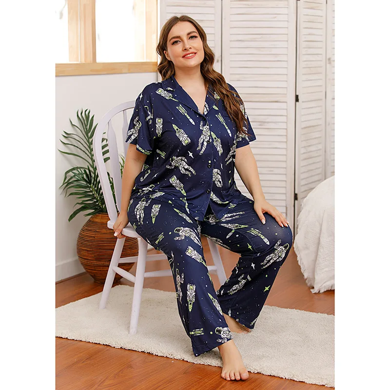 

Universe And Rocket Pattern Plus Size XL 2XL 3XL 4XL Casual Cotton Homewear Pajamas Women Sleepwear Pajamas, As picture