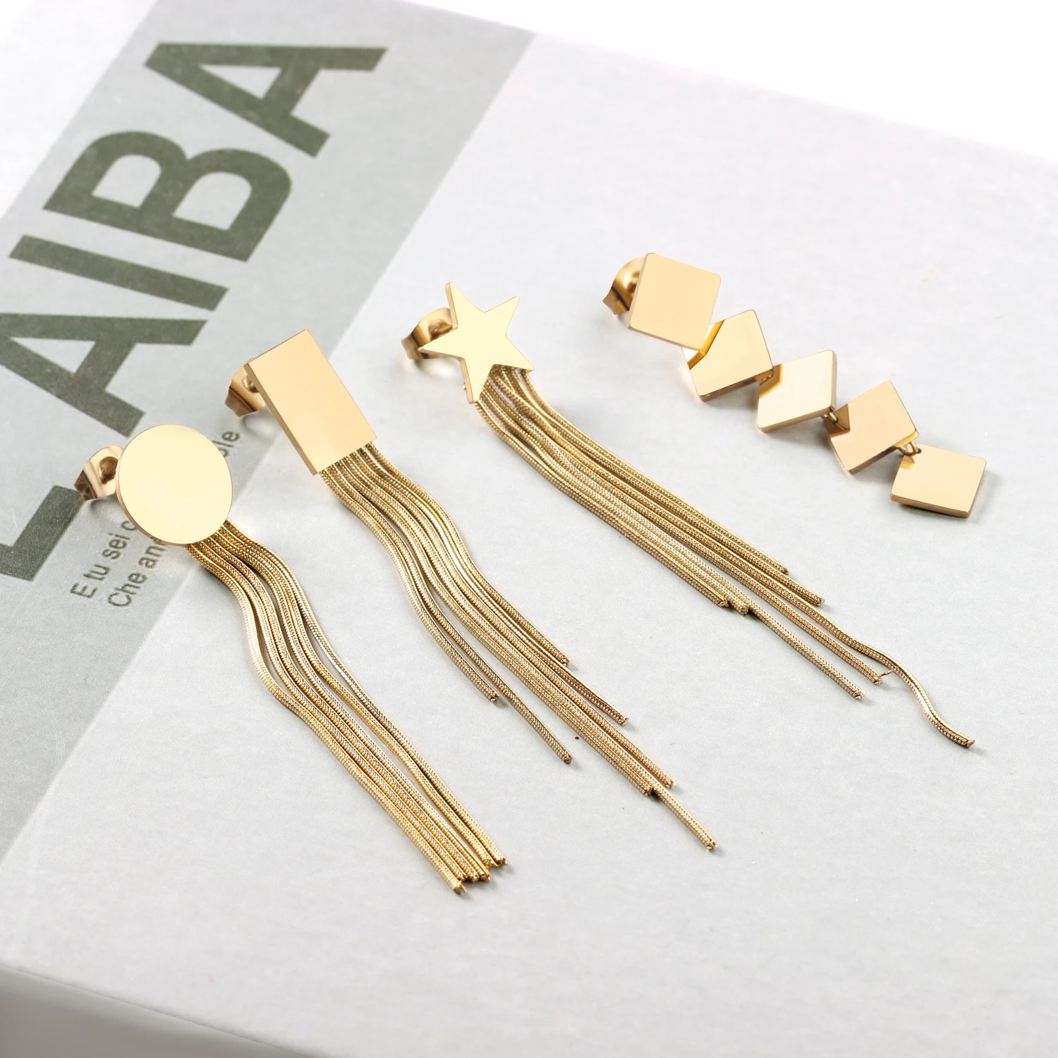 

Jewelry Custom Geometric Gold Plated Metal 316l Stainless Steel Long Tassel Earring For Girls Woman, Gold/silver