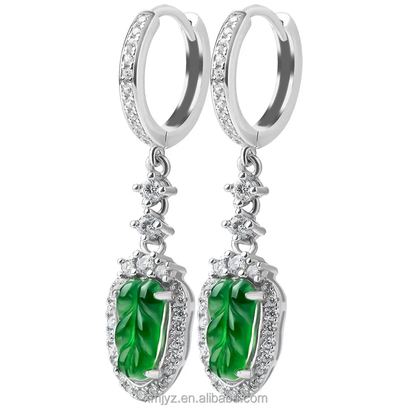 

Certified Grade A Natural Emerald Green Leaf Eardrops Leaf Earrings S925 Silver Inlay Ice Jade Stone Women's Fashion Earrings