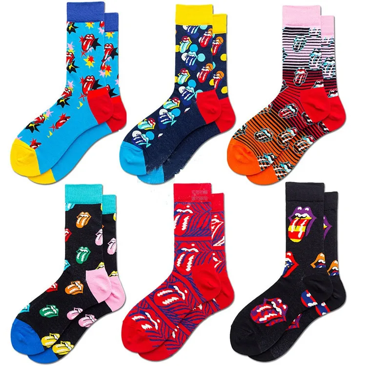 

XIANGHUI Wholesale Custom Fashion Tongue Jacquard Tube Cotton Colorful  Funny Happy Socks For Women