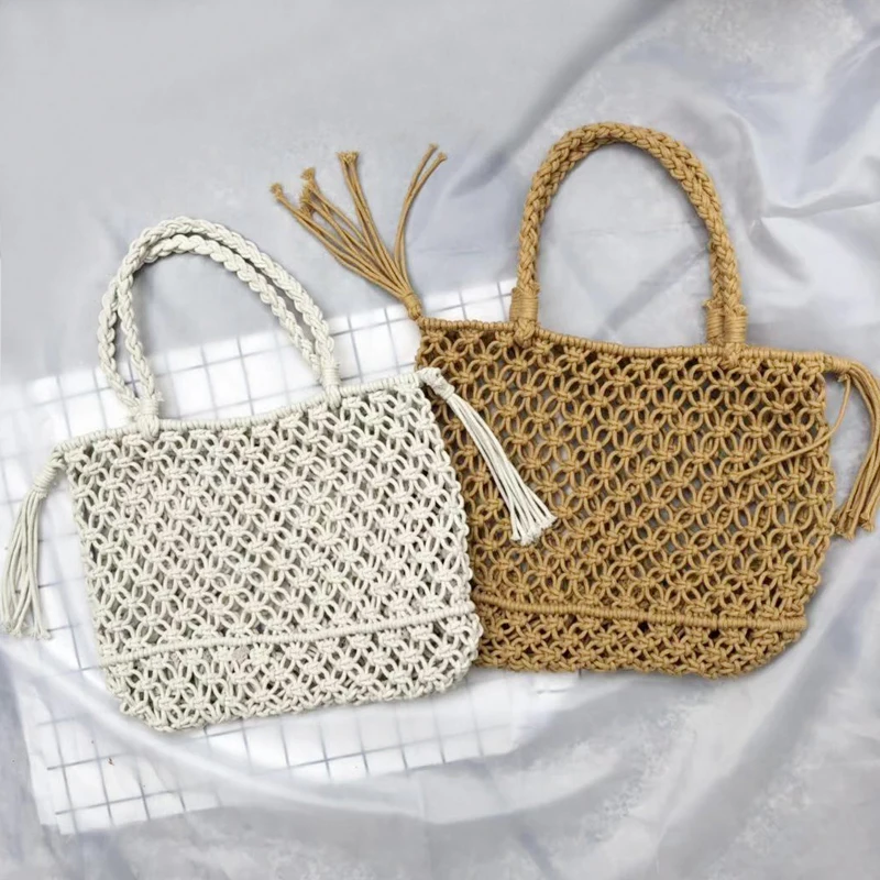 

The Latest Style White Khaki Macrame Handmade Beach Leisure Tote Bag with Tassels