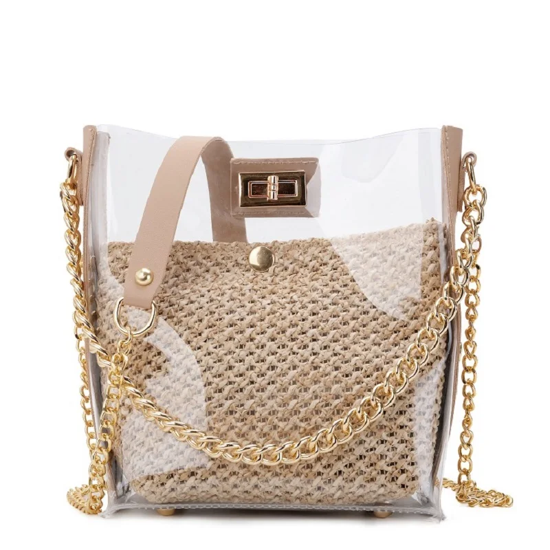 

Summer Transparent PVC Straw Bucket Beach Chain Handbags Bag for Women