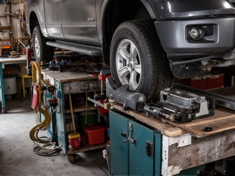 DIY wheel alignment tools on garage workbench