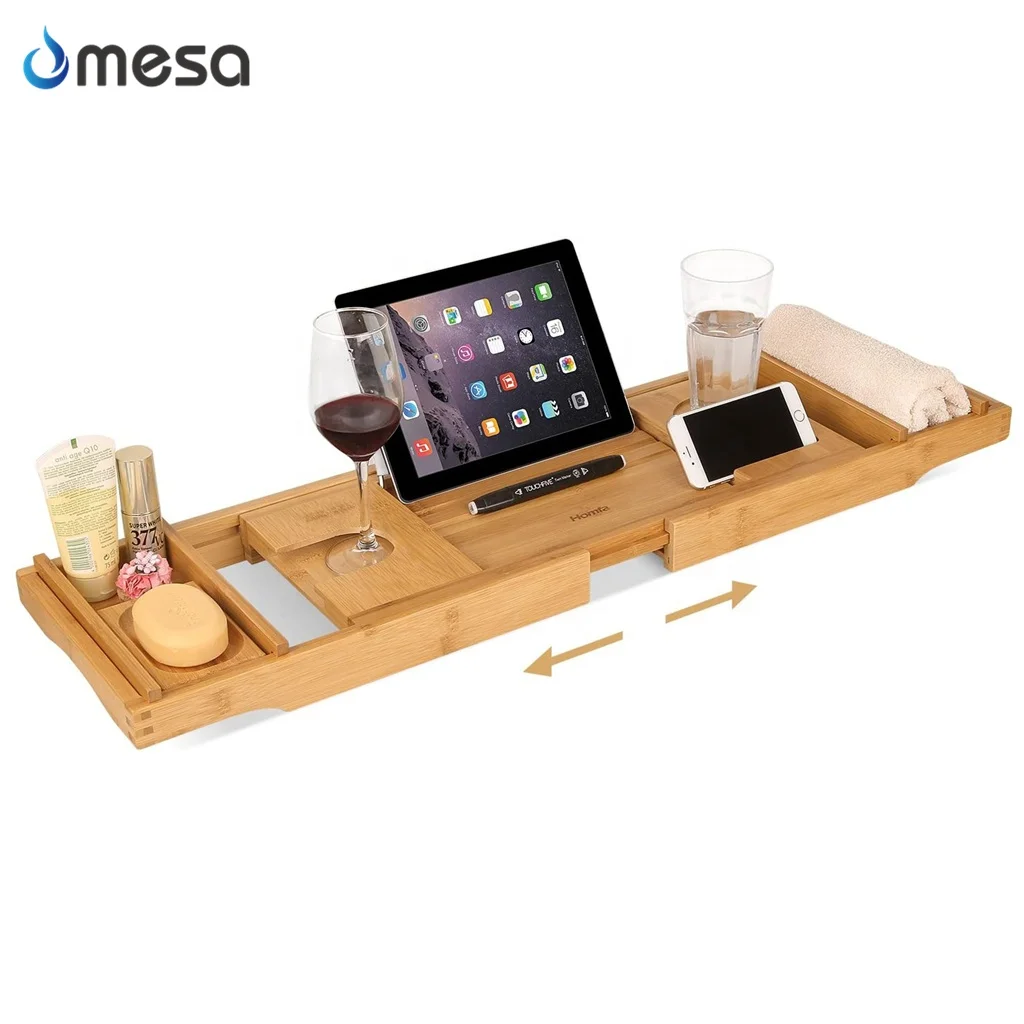 

Bathroom adjustable bamboo bathtub caddy tray, Natural
