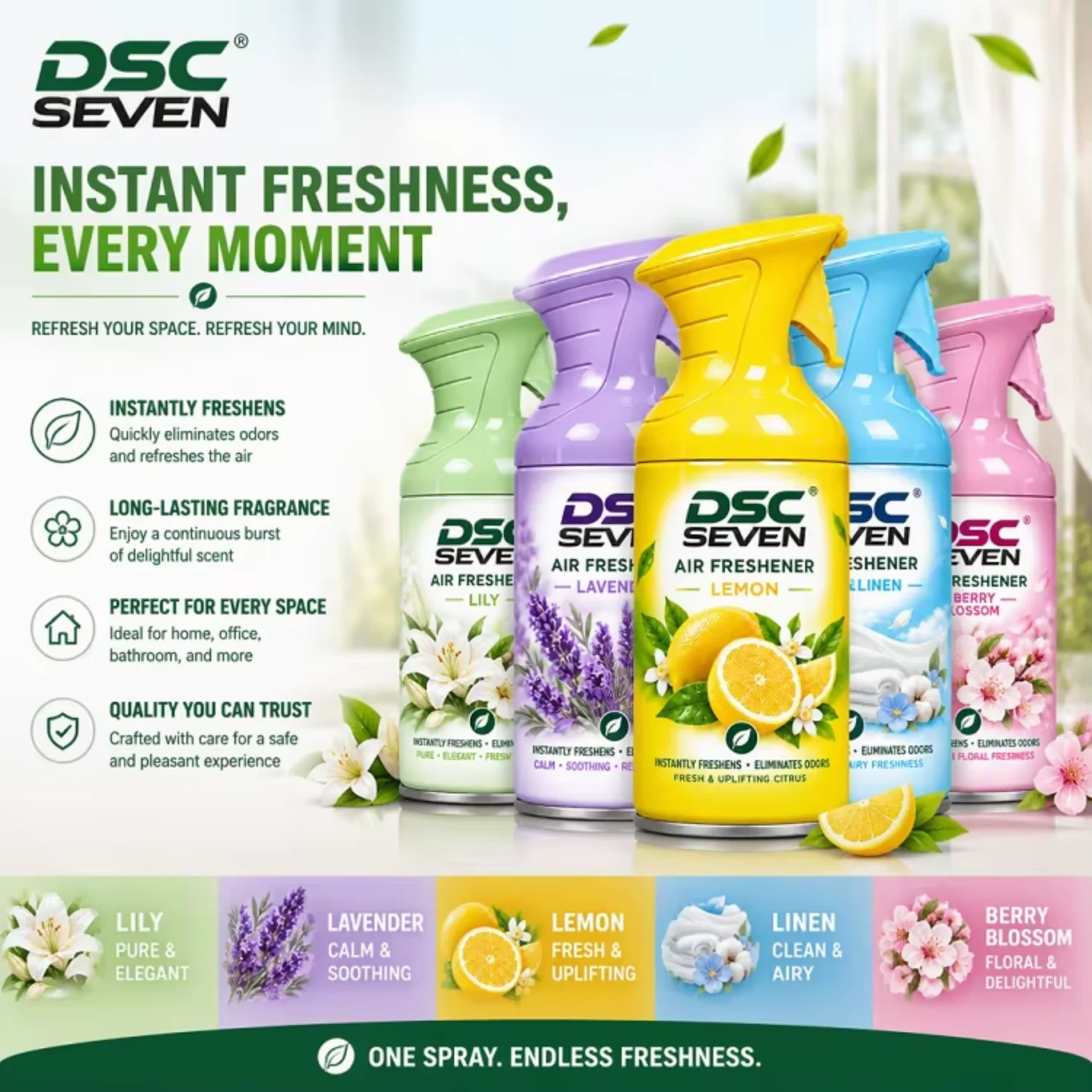 Odor Eliminator Eco-Friendly Long-lasting Aerosol Spray Air Freshener Instantly Freshens Room Lily Lavender Lemon Linen Cherry