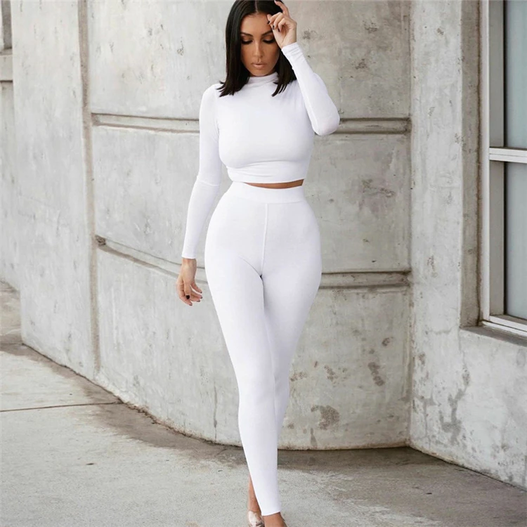 

2020 Fall Long Sleeve 2 Piece Pant Set Workout Tracksuit Bodycon Outfits White Winter Two Piece Set Women Clothing