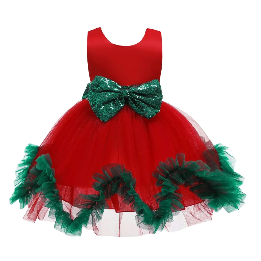 

2020 Christmas hot selling bubble skirt grenadine princess lace bow new year contrast color small baby dress for wholesale, As pic shows, we can according to your request also