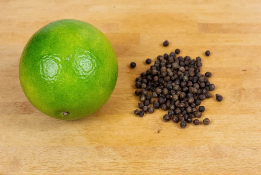 Fresh limes and black peppercorns side by side on wooden cutting board