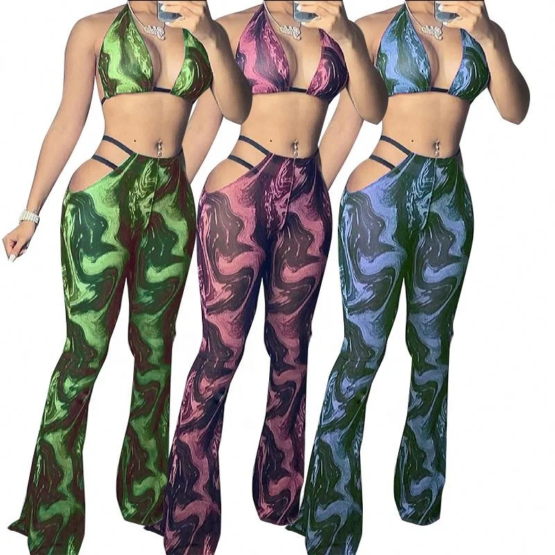 

M2046 Newest design 2 piece bra and flare pants club outfits for women 2021 sexy printed two piece summer set
