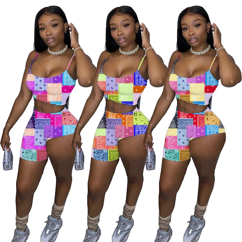 

MD-20041607 2022 Women Trendy Tube Crop Top Jogging Sets Paisley printing summer biker short 2 piece short set, 3 colors