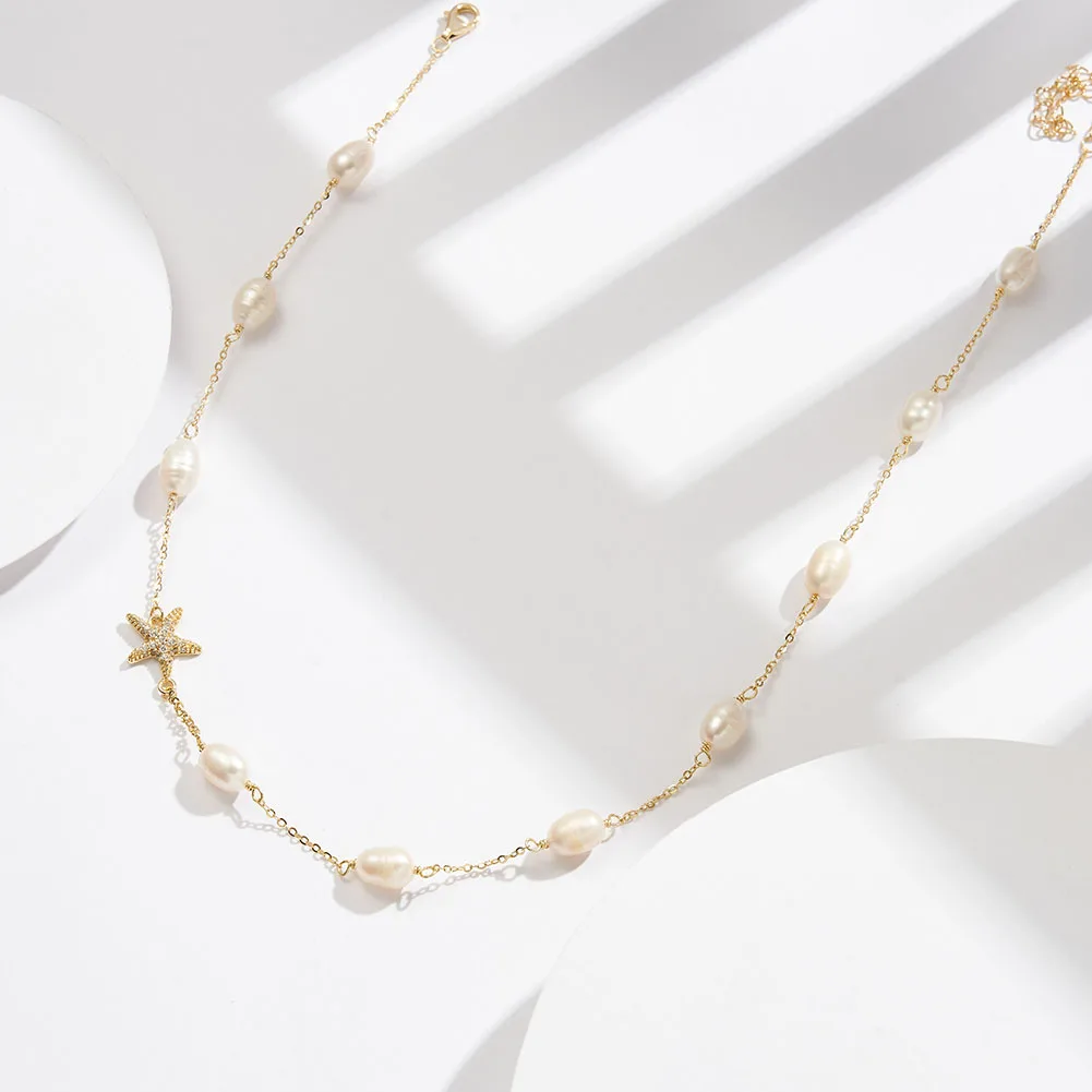 RINNTIN BQN06 Natural Freshwater Pearl 925 Sterling Silver Starfish Zircon Choker Necklace for Women