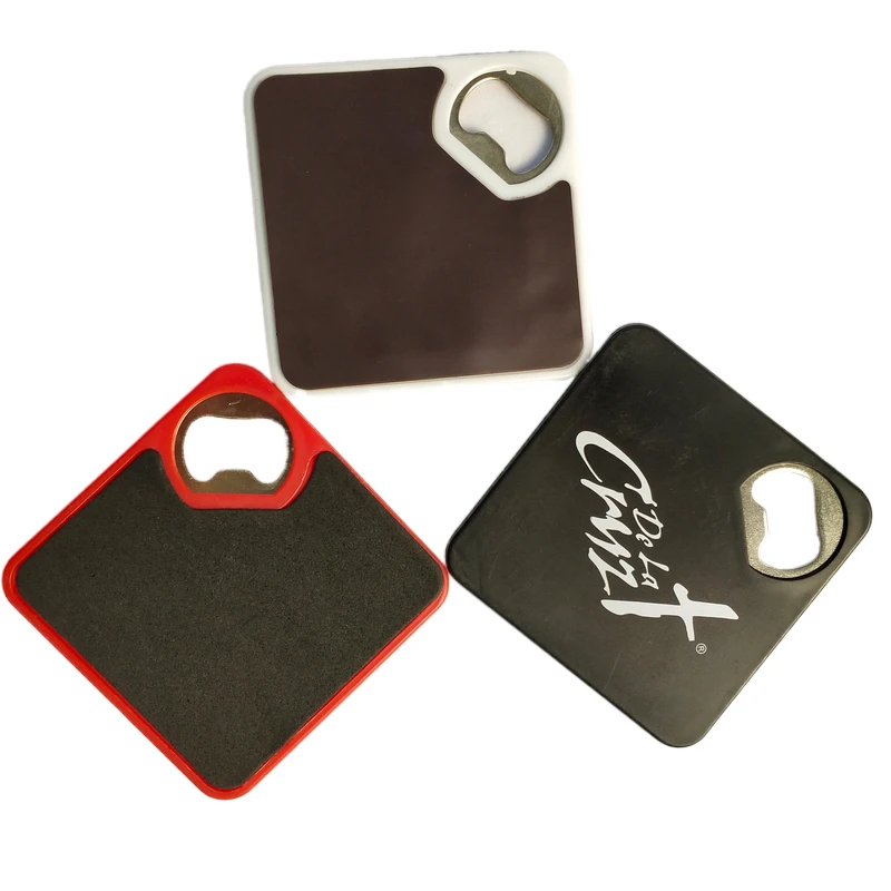 

low moq for custom logo prints ABS and stainless steel magnetic hard plastic promotional beer opener coaster bottle opener