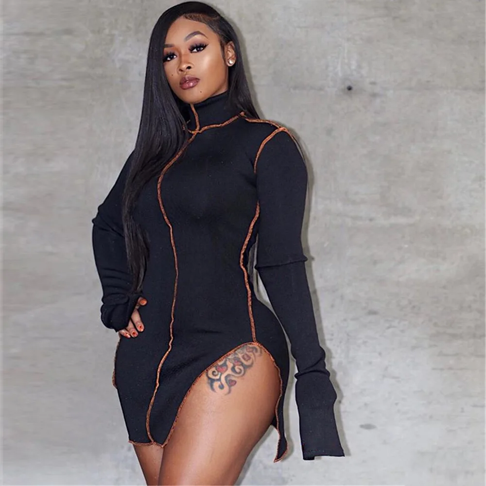 

hot sale fashion slim high neck long sleeve dress women ladies summer night dress