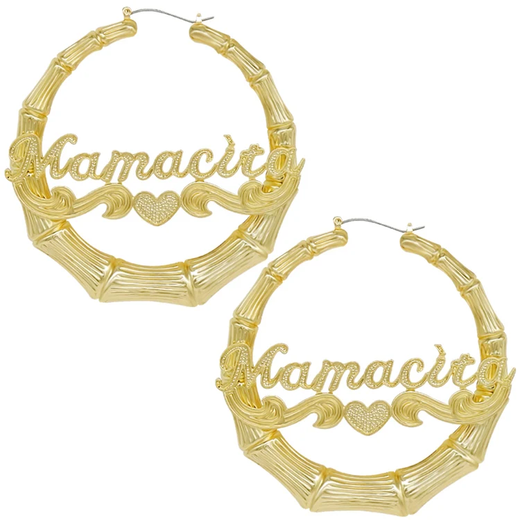 

Personalized 18k gold plated bamboo custom named earrings, Picture