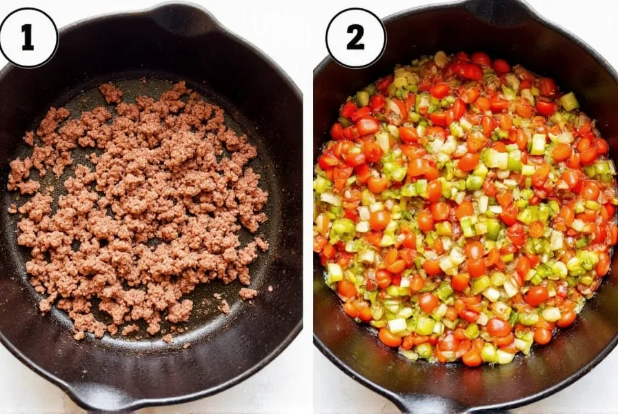 Step-by-step preparation of traditional chili with ground beef in cast iron pot showing meat browning and vegetable sauté