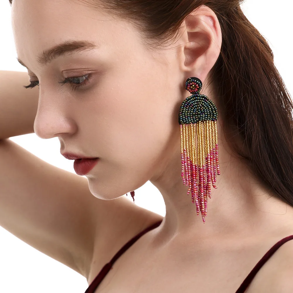 

2021 Handmade Beaded Colored Rice Beads Statement Dangle Fringe Long Stud Bohemian tassel earrings fashion earrings trend, Picture