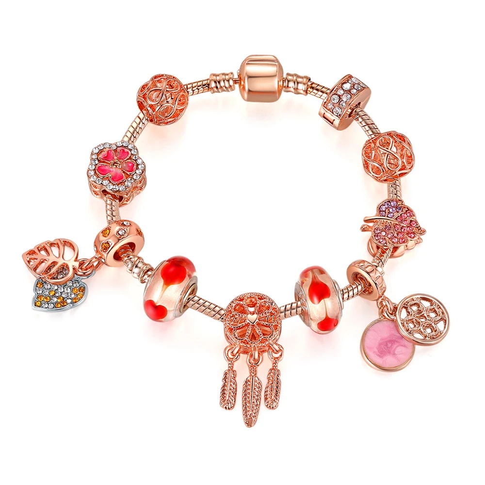 

HOVANCI 4 European Diy Jewelry Crystal Leaf Flower Beads Bracelet Rose Gold Plated Dreamcatcher Charm Brcelet, As pictue show
