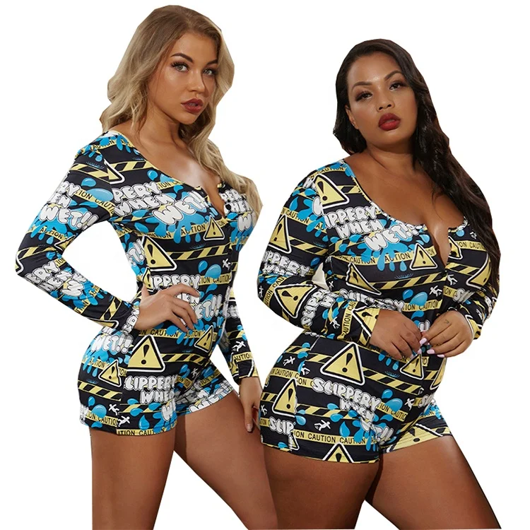 

9069 3XL 4XL 5XL Plus Size Leapord Caution Pattern Onesie Pajamas For Women, 10 colors