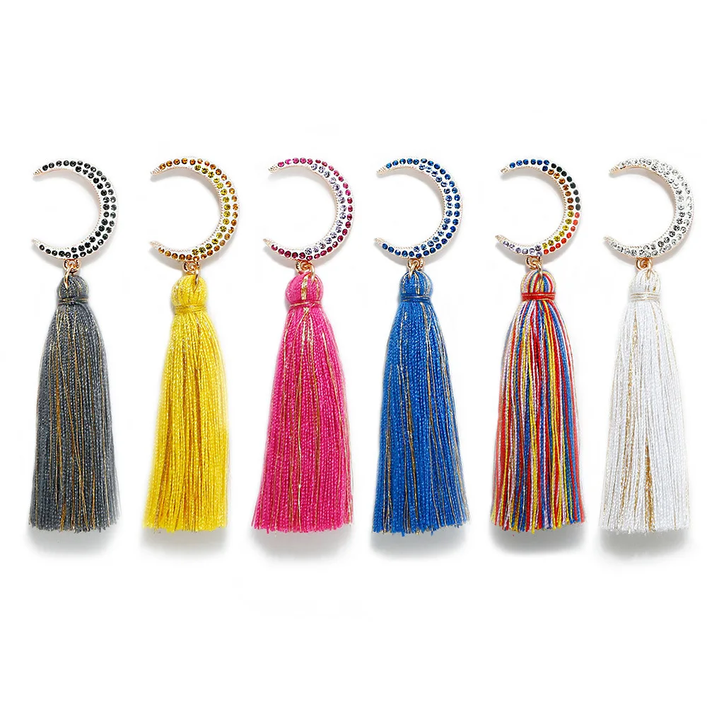 

New Fashion Rhinestone Moon With Cotton Thread Drop Earring Women Long Tassel Earrings