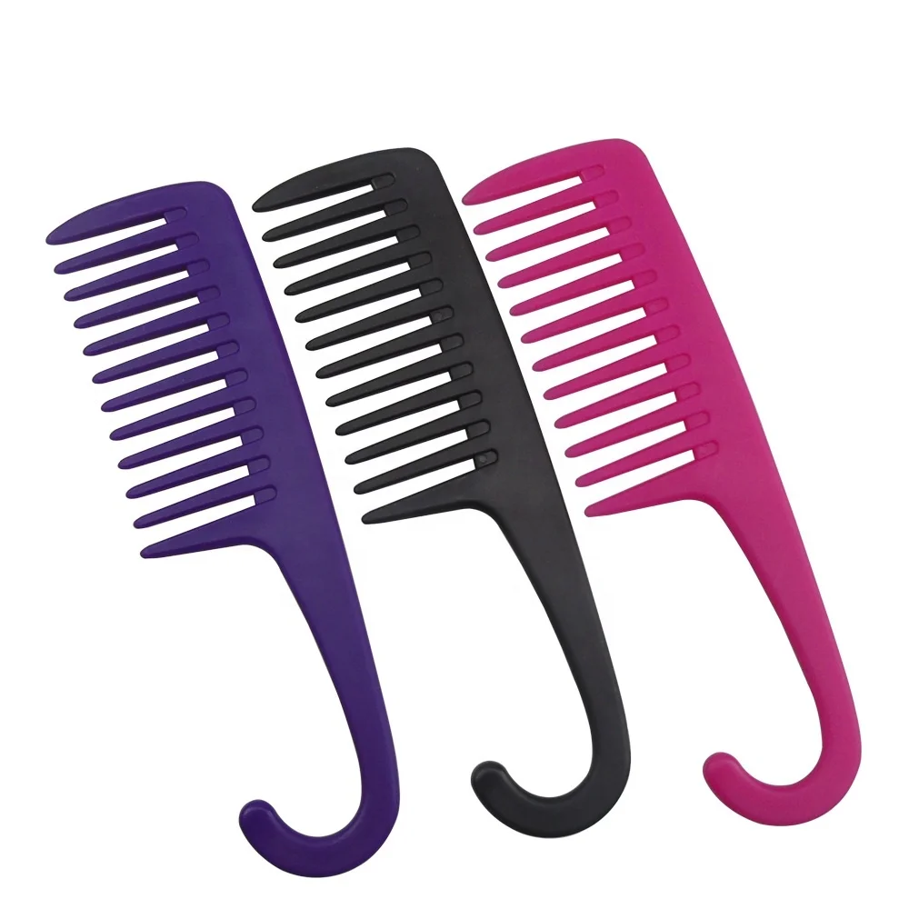 

Wholesale Custom Logo Wide Tooth Comb Plastic Detangling Comb With Hook, Black