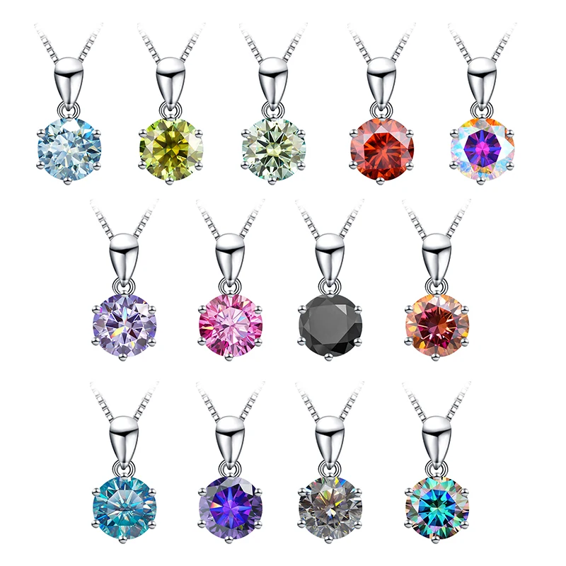 GRA VVS 1 2 3CT Classic Round Shape cut Colored Moissanite Pendant Necklaces Real 925 Sterling Silver Chain For Wedding Jewelry