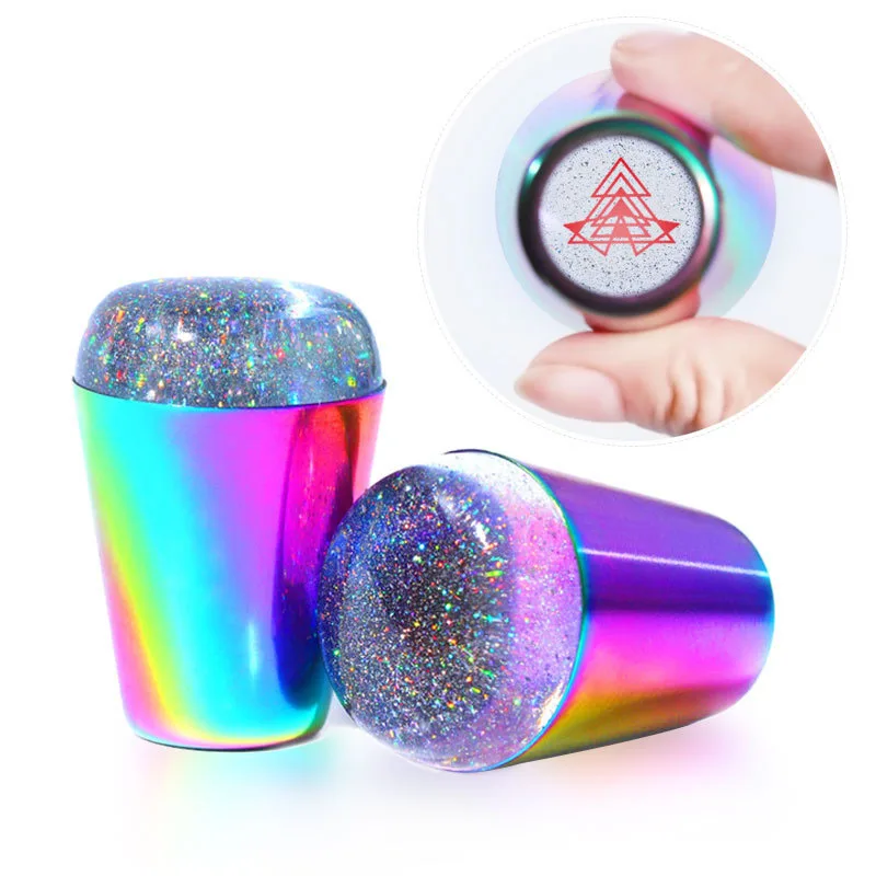 

Wholesale Silicone Holographic Rainbow Nail Stamper Colorful Handle Nail Art Stamping Template Printing Tools, As picture show