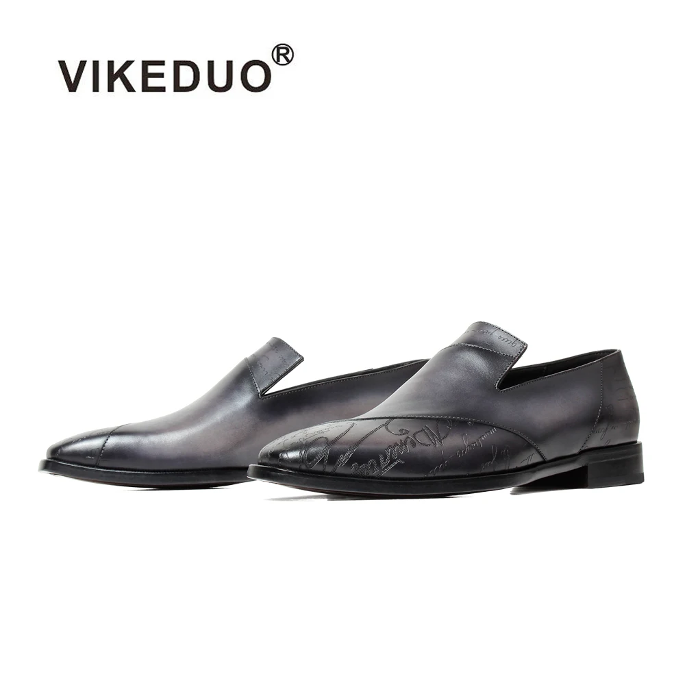 

Vikeduo Hand Made Formal Style Calf Leather Grey Laser Script Loafer Bespoke Shoes Shop Counter Design Your Own Shoes