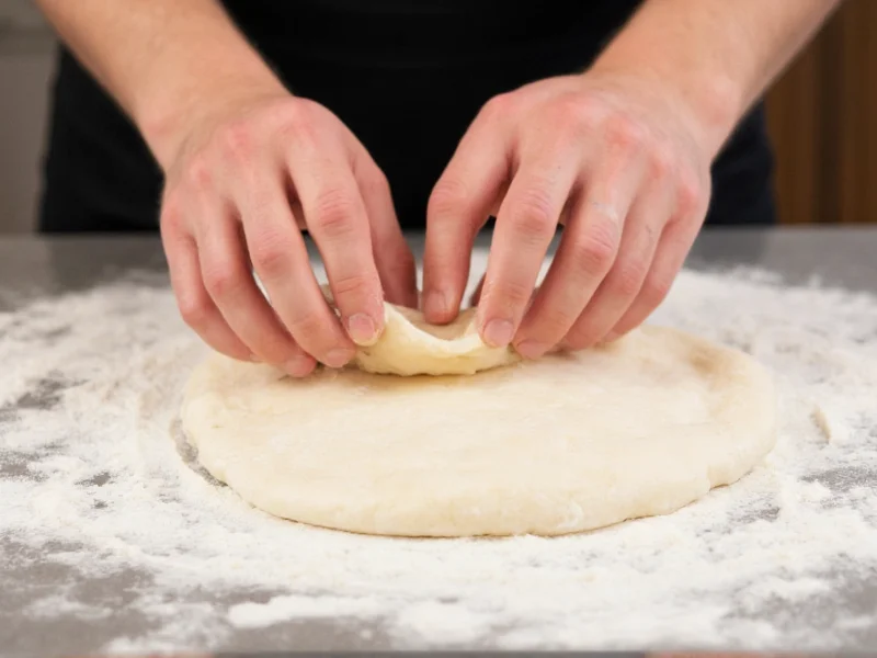 Kneading pizza dough on floured countertop