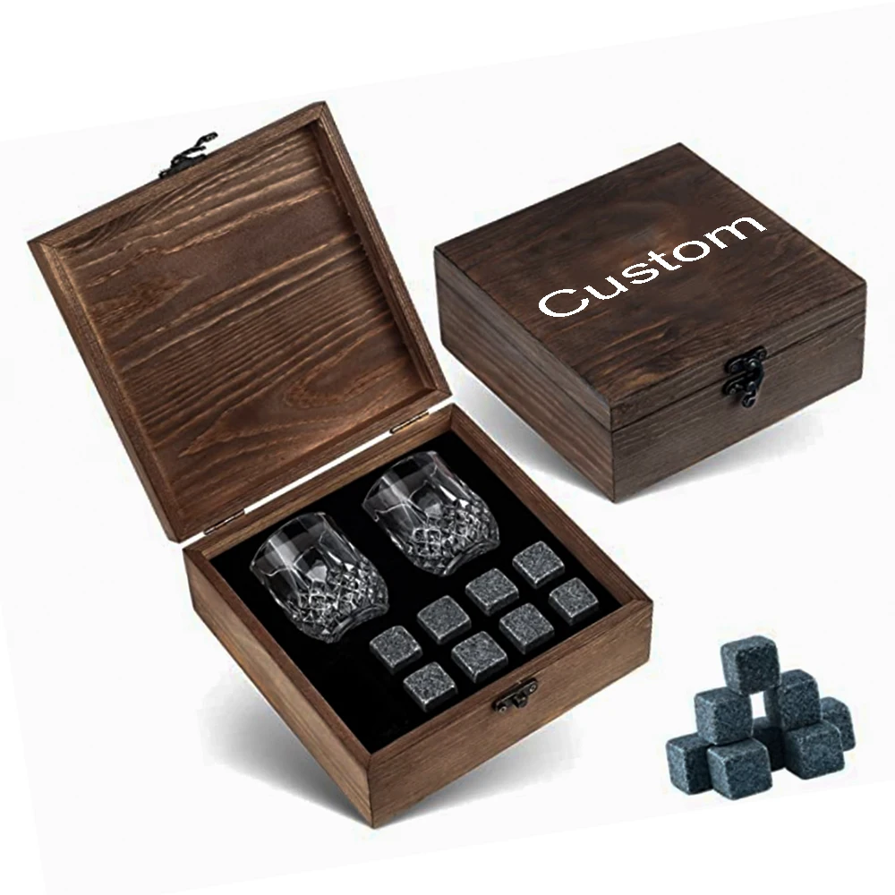 

Whisky Stones Gift Set of 8 Natural Soapstone and Granite Chilling Rocks with Stylish Wooden Box for Bar Accessories, Silver/black/white /grey
