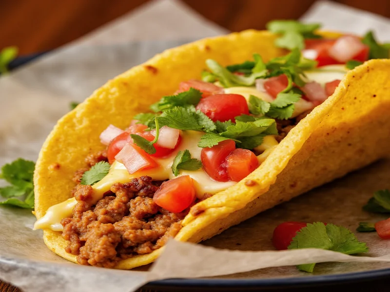 Close-up of homemade taco with vibrant toppings and melted cheese