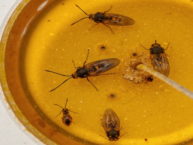 Close-up of vinegar gnat trap with dead insects inside