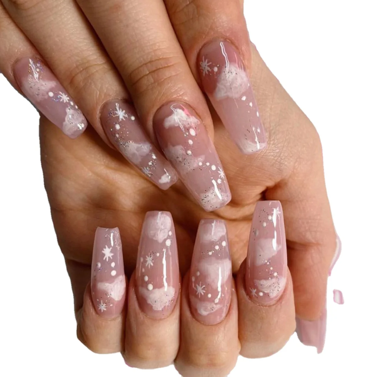 

Waterproof Long Ballet Naked Color Transparent Pink Cloud Fake Nail Manicure Press On Nails Detachable Nail Tips, As image show