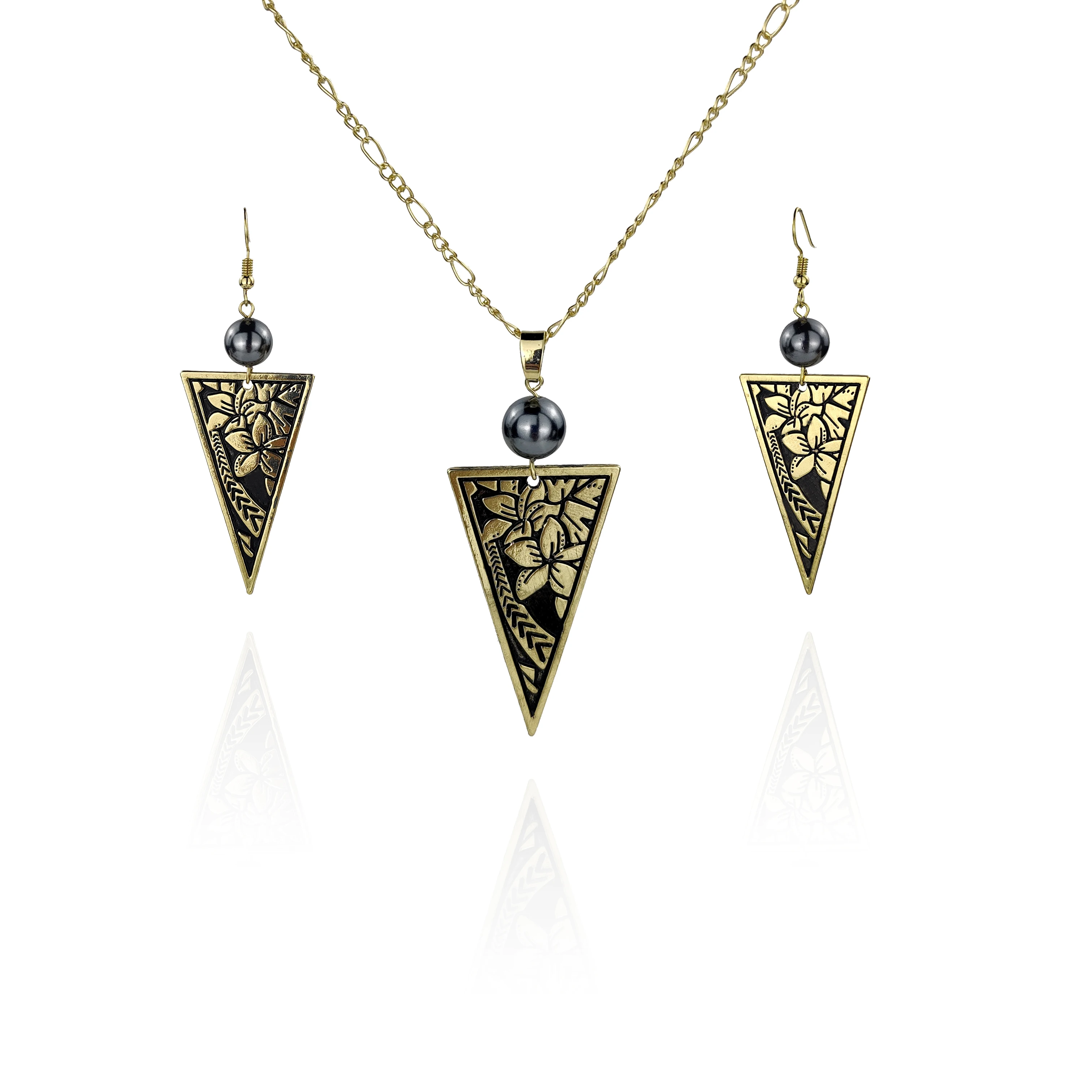 

2021 SHUIIN polynesian hawaiian 14k gold plated plumeria tribal triangle fashion necklace and earrings jewelry set wholesale