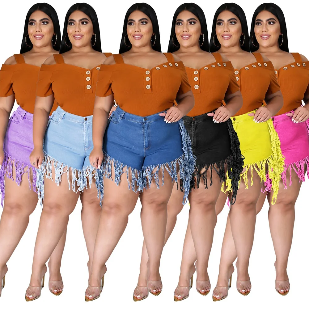 

B54843A Plus size jeans shorts 2021 fashion large size casual tassel denim shorts, Deep blue/rose red/yellow/light blue/black/purple