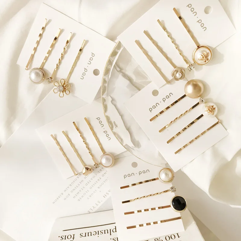 

Korean ins pearl four-piece set with one-word clip is hot selling fashion side clip combination headwear wholesale, Gold and silver