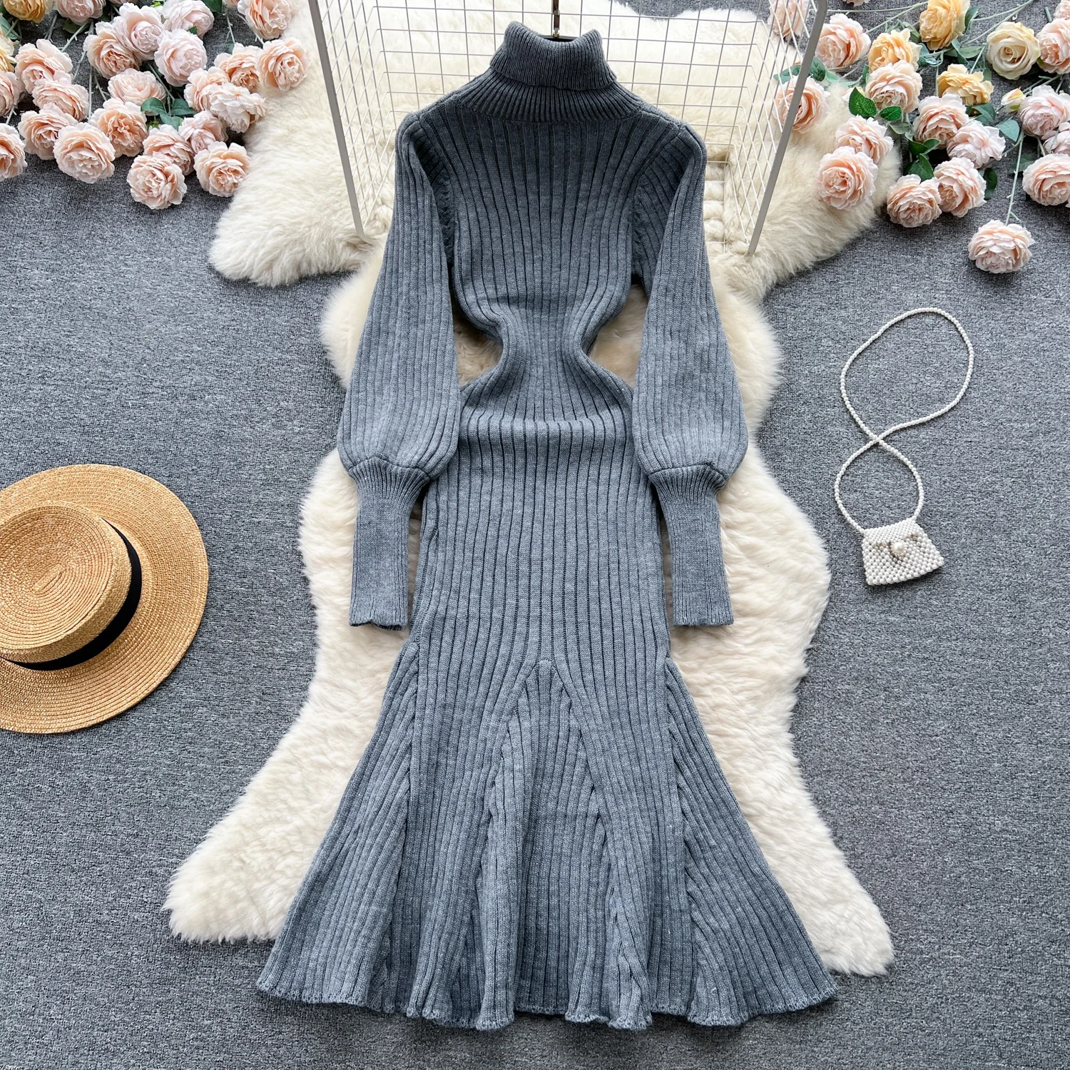 

Women's Round Neck Long Sleeve Autumn/winter Ruffled Sweater Dress