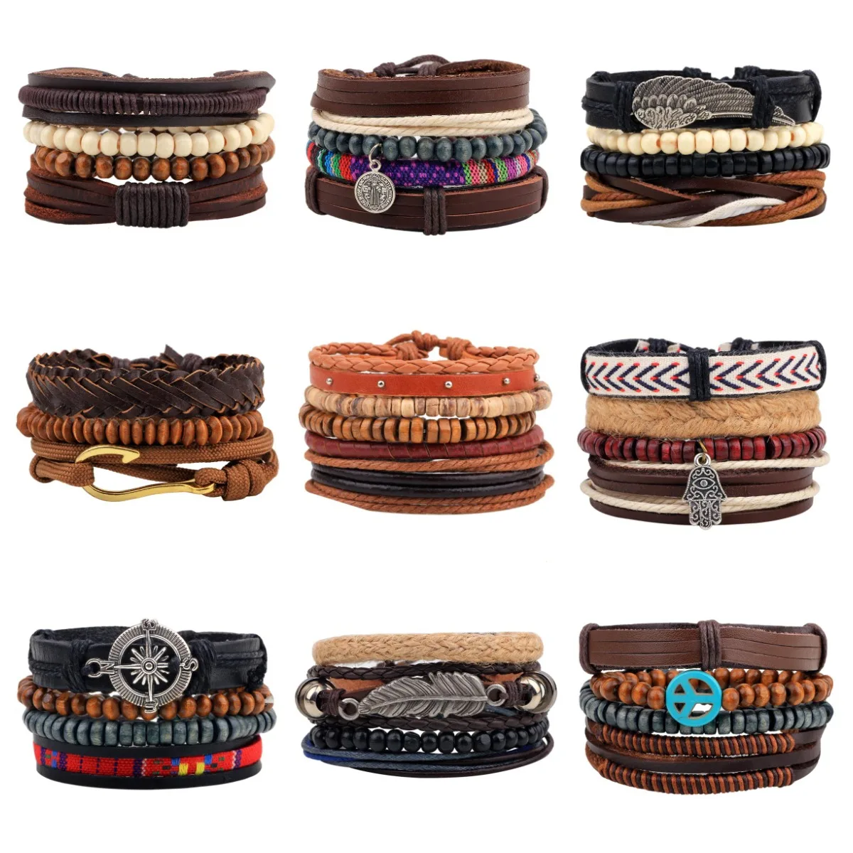 

2022 Custom Jewelry Multiple Multi-layer Adjustable Bracelet Handmade Wood Bead Hand Woven Braided Leather Bracelet, Picture