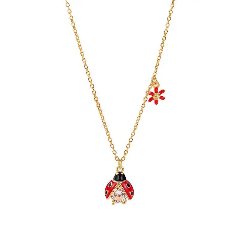 

Fashion Cute Ladybug Rhinestones Red Flower Pendant Accessories For Women Chain Jewelry Miraculously Ladybug Necklace