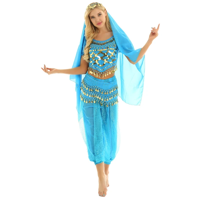

iEFiEL Women Belly Dance Costume Indian Dancing Chiffon Sari Set Short Lanterns Sleeves Coins Top with Harem Pants Hip Scarf