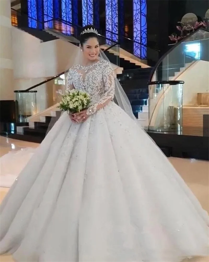 

Fancy Beading Lace Wedding Dress Illusion Long Sleeve Ball Gown Bridal Dress