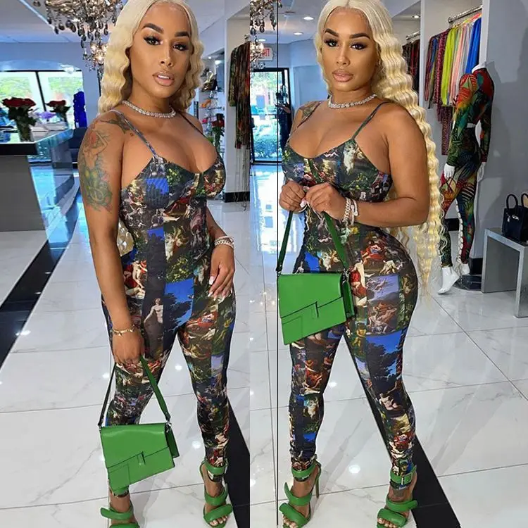 

MISS Fashion 2021 Summer Casual Mural Printed One Piece Bodycon Pants Women Jump Suit Jumpsuits