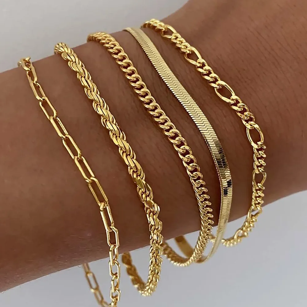 

Fashion Bracelet Jewelry Set Stainless Steel Rhinestone Beaded Cuban Link Rope Chain bracelet 18K Gold Plated Anklet Bracelet