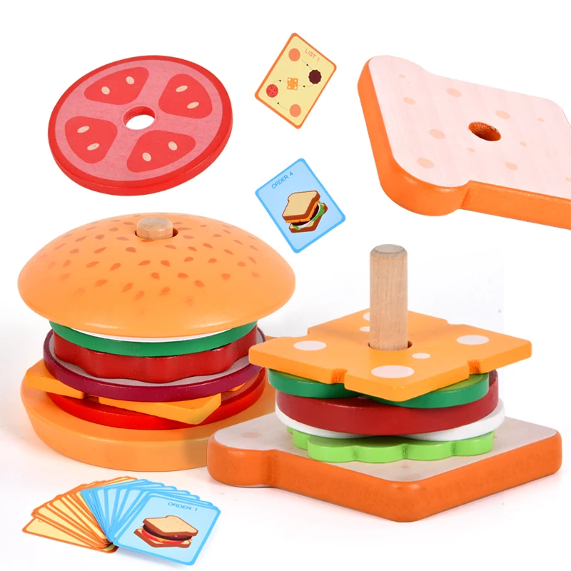 

Montessori Stacking Toys Play Food Sets Wooden Hamburger Stacking Toy Pretend Food Play Kitchen toys