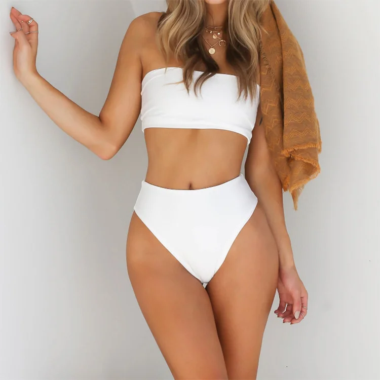 

2021 Plus size custom logo solid color high waist bikini woman sexy tube top swimwear strapless two-piece halterneck bikini