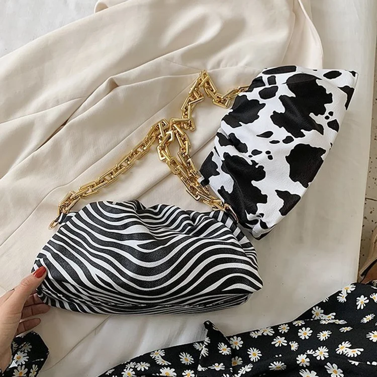 

Designer Simple Armpit animal pattern cow zebra print pu leather cloud thick chain bag money purses for women, Customizable