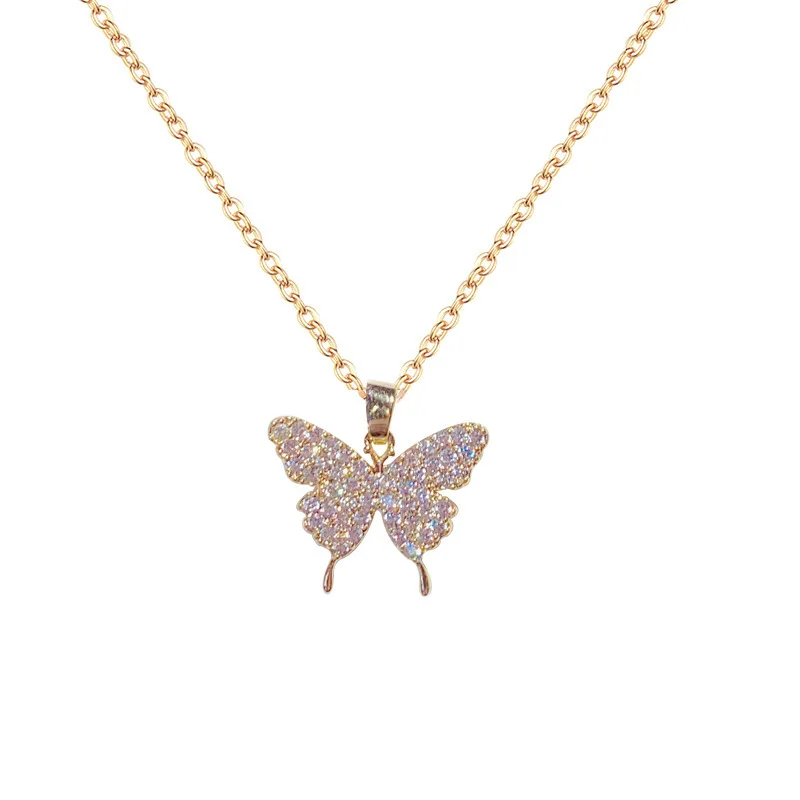 

Luxury Real 18K Gold Plated Micro Pave CZ Zirconia Butterfly Pendant Necklace Fashion Rhinestone Crystal Butterfly Necklace