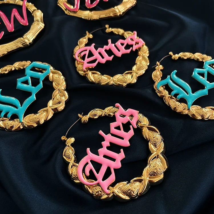 

Free 3D desgin Big custom bamboo name Pink color epoxy hoop earrings, Gold