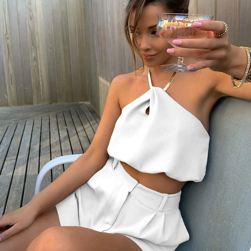 

2021 Summer Women Vest Cross Border Satin Halter Top Off the Shoulder Women Top Crop Sexy