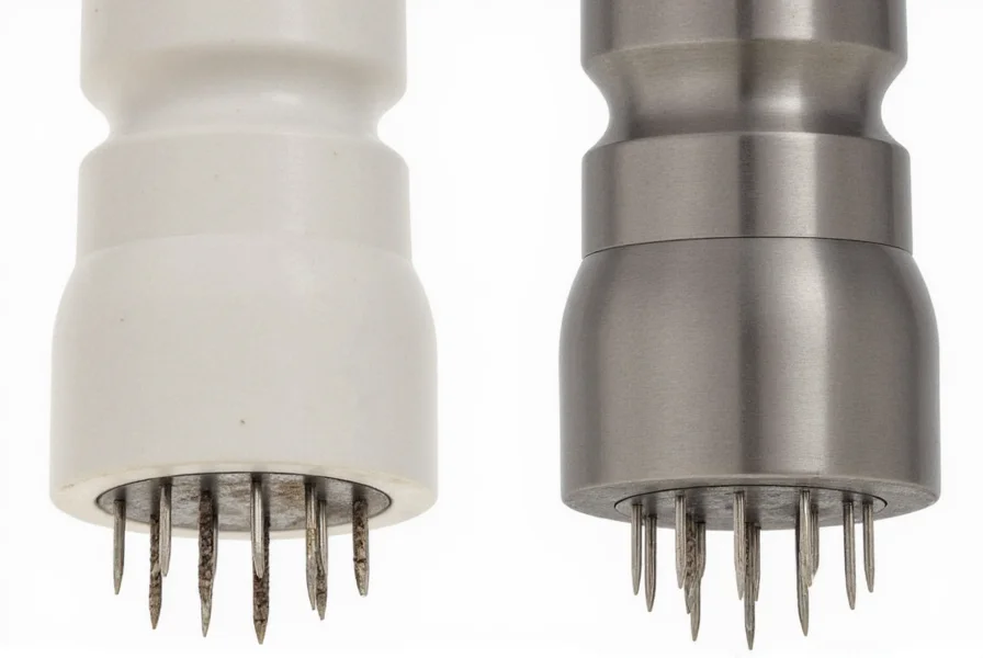 Close-up comparison of ceramic versus stainless steel pepper grinder mechanisms showing the grinding teeth structure