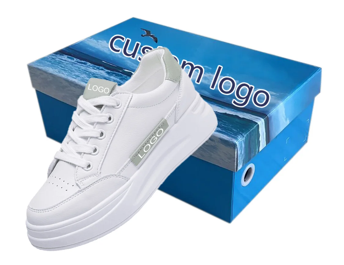 

Factory Wholesale Import Custom Logo Height Increasing Casual Shoes Round Toe Platform White Leather Sneaker Sport Shoes